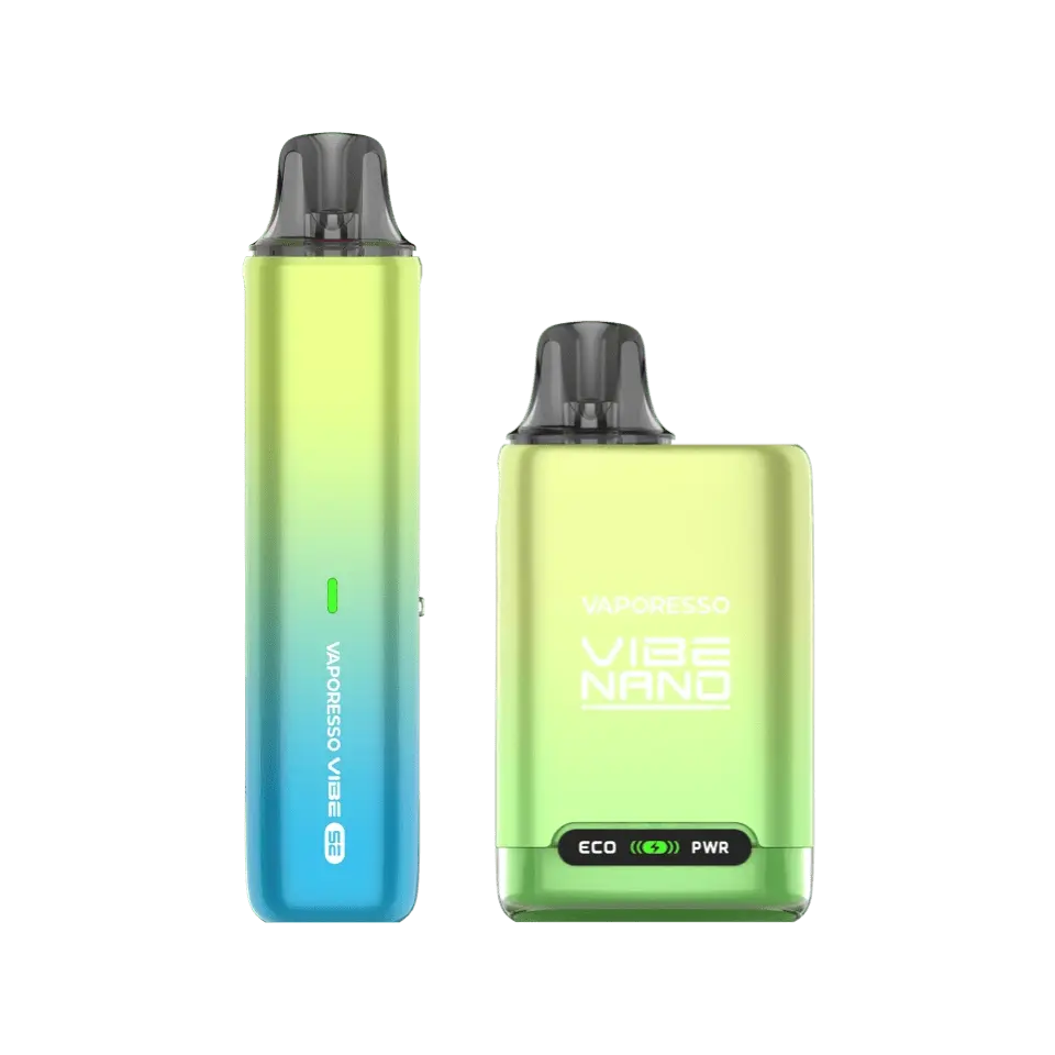 VAPORESSO VIBE SE and VIBE Nano pod vape kits – dual mesh refillable vape pods with Eco and Power modes for MTL and RDL vaping.
